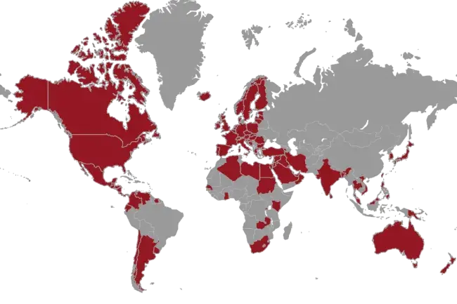 map of the world with countries highlighted where TMI products are marketed.